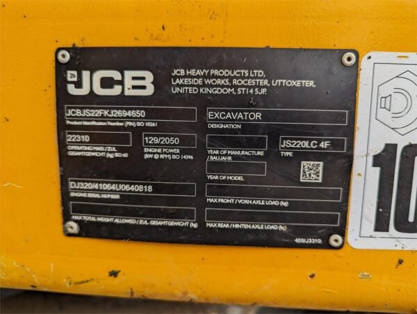 2018 JCB JS220 LC Crawler Excavator